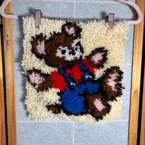 Vintage Teddy Bear Latch Hook Wall Art Handmade Cream Blue Red Overalls Pillow